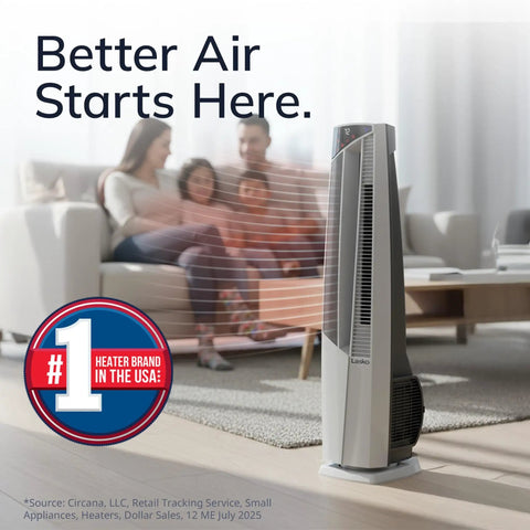All Season Hybrid Oscillating Fan And Space Heater For Home Use With Remote Control Timer Thermostat Tip Over Switch 1500W Ceramic Heater And High Velocity Tower Fan 37.5 Inches White in a living room setting