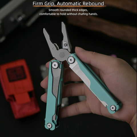 Hand holding 20 In 1 EDC Multi Tool Pliers With Spring Loaded Pliers Head Detachable Screwdriver Bits in blue.