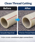 4 in 1 Drill Powered Pipe Threading Tool Kit For Cutting Internal External Threads On Pvc And Ppr Pipes Fits Half Inch Three Quarter And One Inch Sizes For Plumbing Repairs And Pro Grade Projects before and after showing smooth pipe end and precise thread pattern