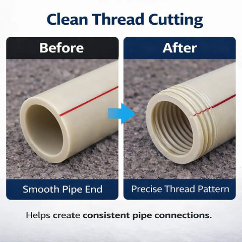 4 in 1 Drill Powered Pipe Threading Tool Kit For Cutting Internal External Threads On Pvc And Ppr Pipes Fits Half Inch Three Quarter And One Inch Sizes For Plumbing Repairs And Pro Grade Projects before and after showing smooth pipe end and precise thread pattern