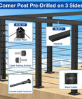 36 Inch Cable Railing Corner Post Three Side Drilled Surface Mount End Post For 90 Degree Turns Stainless Steel Black Handrail Corner Post For Cable Railing Kits Model BL05-CP with labeled components like handrail, cable tensioner, and anchor.