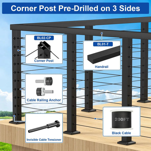 36 Inch Cable Railing Corner Post Three Side Drilled Surface Mount End Post For 90 Degree Turns Stainless Steel Black Handrail Corner Post For Cable Railing Kits Model BL05-CP with labeled components like handrail, cable tensioner, and anchor.