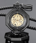 Vintage Hand Winding Mechanical Pocket Watch For Men With Chain And Gift Box, Black Finish, Arabic Numeral Dial, open view.