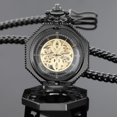 Vintage Hand Winding Mechanical Pocket Watch For Men With Chain And Gift Box, Black Finish, Arabic Numeral Dial, open view.