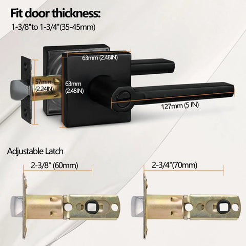 5 Pack Aged Matte Black Bed And Bath Door Lever Set With Privacy Lock dimensions and adjustable latch details