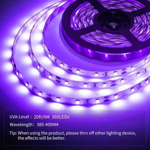Ultra Bright 20 Foot LED Black Light Strip Kit With 360 LEDs 12V Flexible Ribbon glowing in UVA light.
