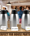 68 Oz Stainless Steel Thermal Coffee Carafe With 12 Hour Heat Retention And 24 Hour Cold Retention at a party setting.