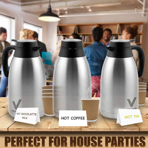 68 Oz Stainless Steel Thermal Coffee Carafe With 12 Hour Heat Retention And 24 Hour Cold Retention at a party setting.