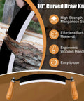 10 Inch Draw Knife With Curved Blade Debarking Tool Grippy Ergonomic Handle for quick bark removal from logs close-up view
