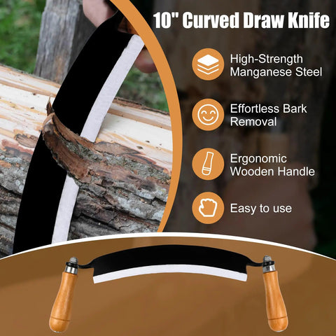 10 Inch Draw Knife With Curved Blade Debarking Tool Grippy Ergonomic Handle for quick bark removal from logs close-up view