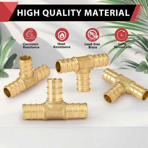 Bulk Pack Of 5 Pex Reducing Tee Brass Barb Crimp Fittings For Pex Tubing 3/4 Inch By 3/4 Inch By 1/2 Inch ASTM F1807 Lead Free