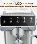 Front view of Espresso Machine With 20 Bar Pressure, Touchscreen Interface, Milk Frother And Hot Water showing touchscreen panel.