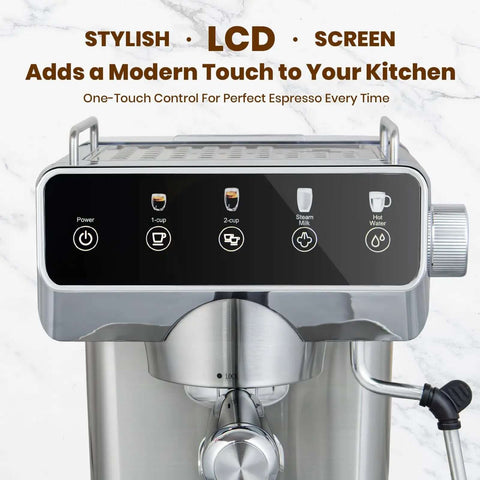 Front view of Espresso Machine With 20 Bar Pressure, Touchscreen Interface, Milk Frother And Hot Water showing touchscreen panel.