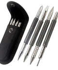 Heavy Duty Spring Nail Set With Heat Treated Steel And Accurate Size Marked Punches, five metal punches in a case for precision work.