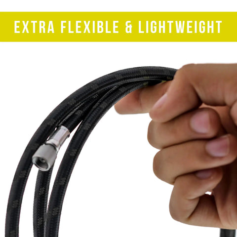Premium Six Foot Nylon Braided Airbrush Hose Pairing Dual Threaded Adapters For Steady Compressor Flow And Super Flexible Tubing Setup That Seriously Slaps held in hand showcasing flexibility.
