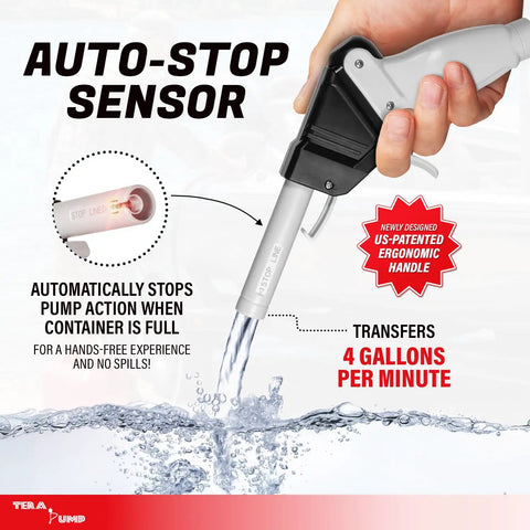 Badass Heavy Duty Cordless Liquid Transfer Pump Four GPM High Flow Battery Operated Fluid Pump Auto-stop sensor with ergonomic handle.