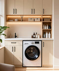 Laundry room with beige cabinets featuring 3 Pack 5 Inch Center Hole Matte Black Kitchen Cabinet Handles Modern Cabinet Pulls For Dresser And Drawers Solid Zinc Alloy Hardware Rust Resistant Finish Easy To Install Durable Long Lasting Cabinet Hardware