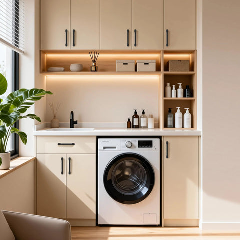 Laundry room with beige cabinets featuring 3 Pack 5 Inch Center Hole Matte Black Kitchen Cabinet Handles Modern Cabinet Pulls For Dresser And Drawers Solid Zinc Alloy Hardware Rust Resistant Finish Easy To Install Durable Long Lasting Cabinet Hardware