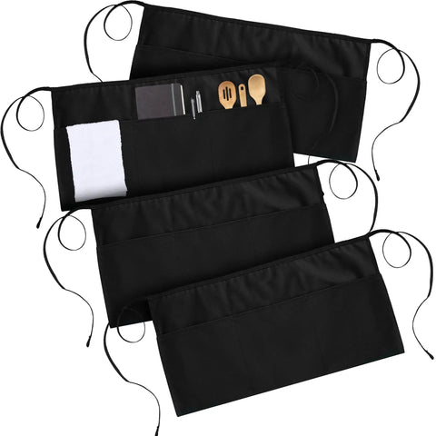4 Pack Server Aprons With 3 Pockets For Waiters And Waitresses, Water And Oil Resistant Short Waist Aprons For Women And Men, Adjustable Tie, Durable, Machine Washable, Fade-Proof, Wrinkle-Resistant, Black