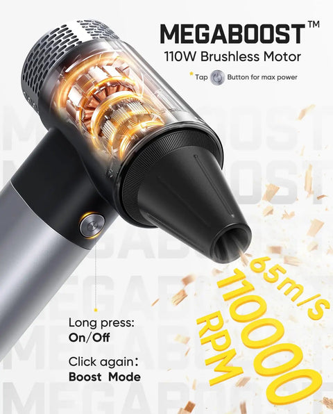 Gust B11 Mix 110000RPM Electric Air Duster And Portable Fan with open brushless motor design and On/Off button details.
