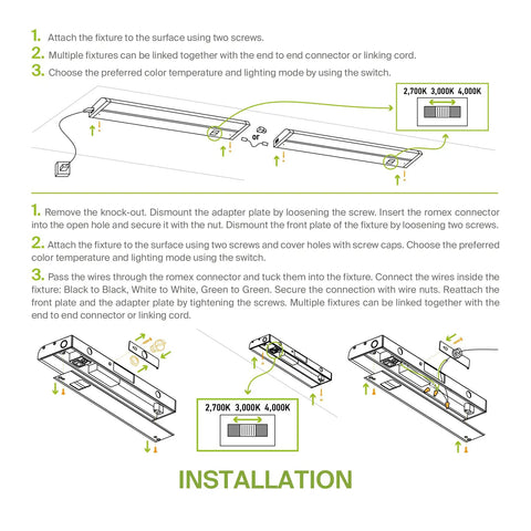 Swivel LED Under Cabinet Lighting Kit 24 Inch Plug In Or Hardwired Dimmable With 3CCT installation diagram