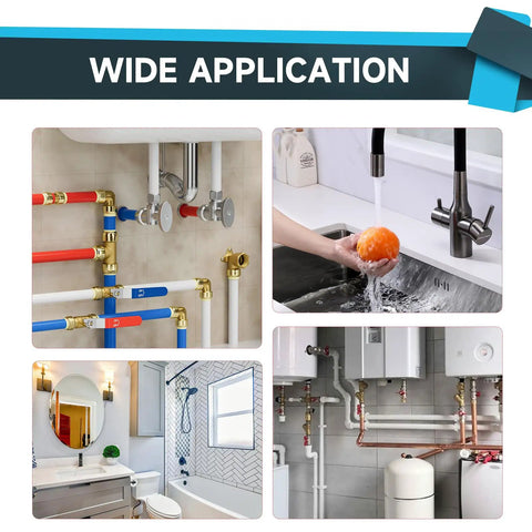 Four images showing plumbing applications using One Inch Push To Connect Pipe Coupling Pex Cpvc Copper 50 Pack Lead Free Brass fittings.