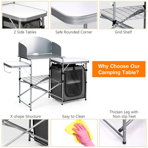 Folding Grill Table With 26 Inch Tabletop And Detachable Windscreen For Camping Kitchen Station Portable Aluminum Camp Cook Set With Carry Bag Easy Quick Setup For BBQ Picnic Backyard Grey.
