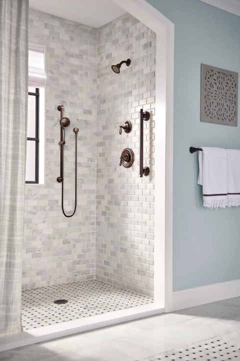 Oil Rubbed Bronze Round Drop Ell Handheld Shower Wall Connector For 1/2 Inch IPS Pipes Replacement A725ORB installed in shower