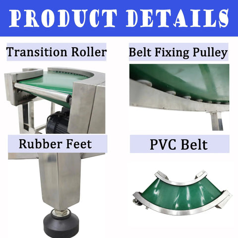 90 Degree Turn Conveyor With Flat And Curved Layout PVC Belt Stainless Steel Frame Adjustable Speed Control close-up details