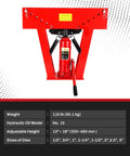 16 Ton Manual Hydraulic Pipe Bender With Eight Included Dies For Copper Tubing And Steel Piping, featuring adjustable height and hydraulic jack.