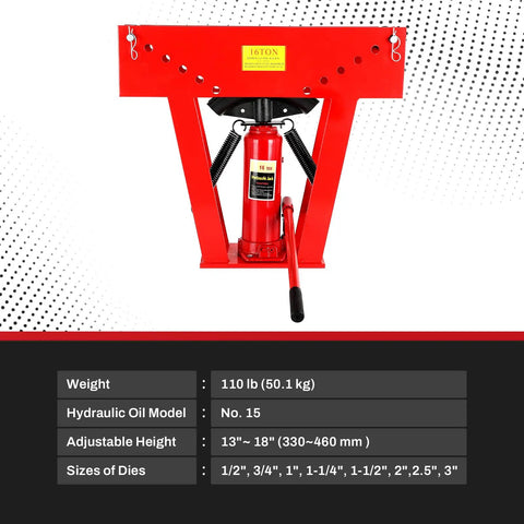16 Ton Manual Hydraulic Pipe Bender With Eight Included Dies For Copper Tubing And Steel Piping, featuring adjustable height and hydraulic jack.