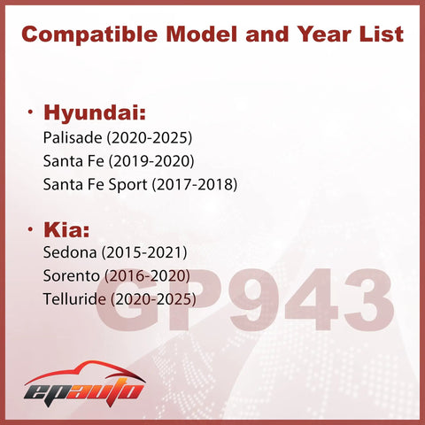 Compatible model and year list for Engine Air Filter Replacement For Kia Telluride Sorento Sedona And Hyundai Palisade Santa Fe.