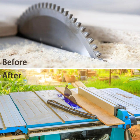 Heavy Duty Table Saw Dust Collector Bag With Wire Support Frame Keeps Your Workshop Clean And Dust Free Super Easy To Attach And Detach To Most 10 Inch Tablesaws With A 2.5 Inch Dust Port Measures 31 Inches Long, before and after saw cleanup.