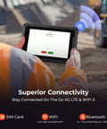 Badass Rugged Windows Tablet With 8-Inch Sunlight Readable Screen, Built Damn Tough For Job Sites, Heavy Duty Industrial Touchscreen Computer Featuring Intel N5100 Chipset And 8G Ram Plus 128G Storage held by a worker in safety gear.