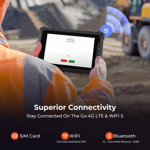 Badass Rugged Windows Tablet With 8-Inch Sunlight Readable Screen, Built Damn Tough For Job Sites, Heavy Duty Industrial Touchscreen Computer Featuring Intel N5100 Chipset And 8G Ram Plus 128G Storage held by a worker in safety gear.