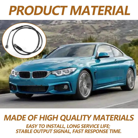 Rear brake pad wear sensor cable assembly; black flexible wiring with connectors, front-side view of blue car with inset sensor close-up