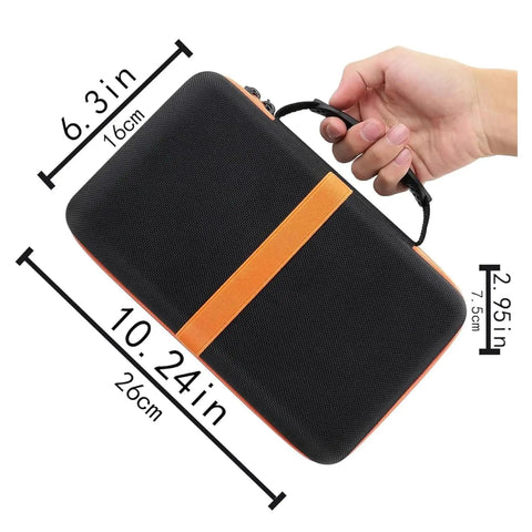 Hand holding Rugged Hard Case Organizer For Circuit Breaker Finders And GFCI Testers Kits, dimensions shown