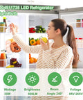 Woman reaching into fridge lit by Bright E27 Refrigerator LED Light Bulb Replacement 5304511738 For Frigidaire Electrolux AC100-265V 3.5W