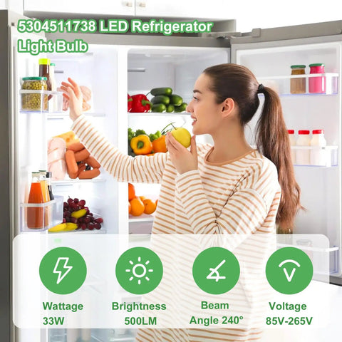 Woman reaching into fridge lit by Bright E27 Refrigerator LED Light Bulb Replacement 5304511738 For Frigidaire Electrolux AC100-265V 3.5W