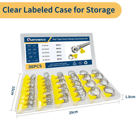 Must Have 36 Piece Hose Clamp Kit With Adjustable 8-29mm Butterfly Clamps And Stainless Steel Screw Clamps in clear labeled case