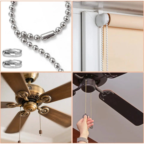 Stainless Steel Ball Chain Connectors For Window Blinds, 4.5mm Beaded Pull Cord Clips, DIY Ready Replacement Clips For Roller, Roman, And Vertical Blinds, 100 Pack shown on blinds and ceiling fans