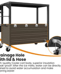 80 Quart Rolling Ice Chest With Built In Top Prep Table And Four Wheels Party Patio Cooler Cart with drain and wheels.