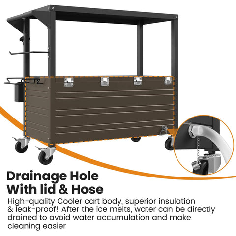 80 Quart Rolling Ice Chest With Built In Top Prep Table And Four Wheels Party Patio Cooler Cart with drain and wheels.
