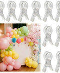 Premium Ten Pack Of Heavy Duty Spring Clips Measuring 3.5 Inches Featuring Transparent Plastic Build used for balloon arch displays.
