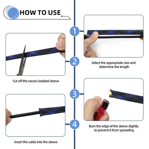 Instruction steps for Expandable Braided Sleeving For Cables Dope PET Wire Loom Flexible Cable Management, black and red.