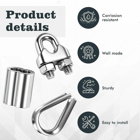 60 Piece M6 Stainless Steel Rope Cable Clamp Kit With Thimble And Aluminum Crimp Loop Sleeves For One Quarter Inch Wire Rigging