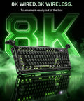 Slick 98 Key Wireless Mechanical Gaming Keyboard With Tri Mode Connectivity Bluetooth 5.4 And USB C Wired Hookups Featuring 8K Polling Rate in black with green RGB lighting and a sleek design.