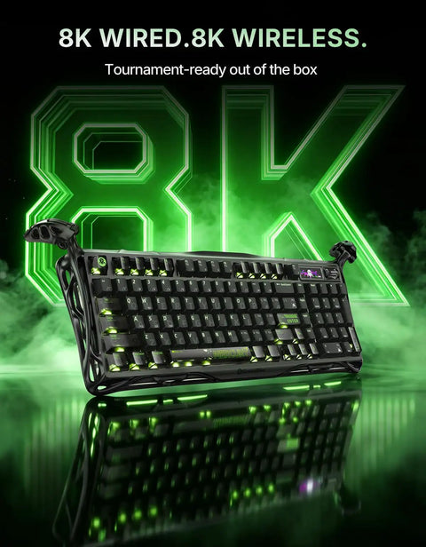 Slick 98 Key Wireless Mechanical Gaming Keyboard With Tri Mode Connectivity Bluetooth 5.4 And USB C Wired Hookups Featuring 8K Polling Rate in black with green RGB lighting and a sleek design.