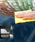 Windshield Crack Repair Kit With Nano Glass Repair Fluid For All Crack Types next to a hand using cloth on car window