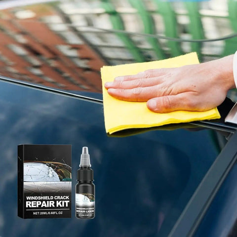 Windshield Crack Repair Kit With Nano Glass Repair Fluid For All Crack Types next to a hand using cloth on car window